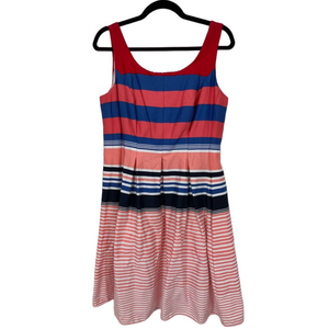 Tiana B Red, Salmon, Blue and Black Pleated Striped Dress‎ with Pockets Size 10